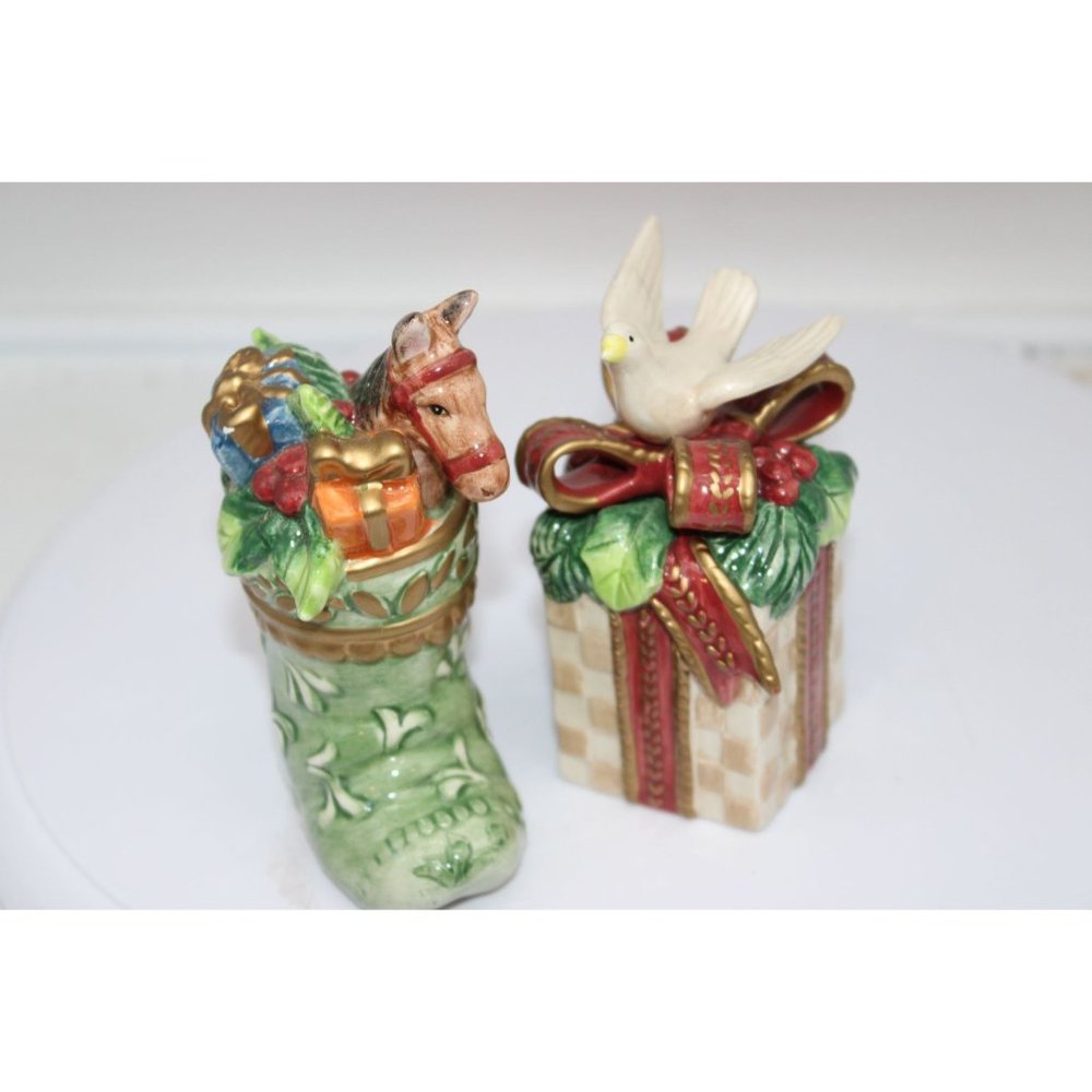 Salt & Pepper Shakers - Fitz & Floyd Gregorian Horse in Stocking & Dove on Gift